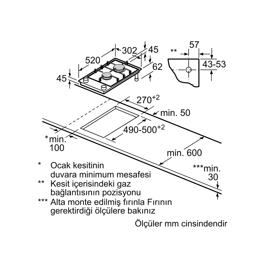 Siemens Gazlı Domino Ocak 30 Cm Seramik Siyah